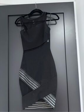 Windsor Black Sheath Dress with Mesh Stripe Insets